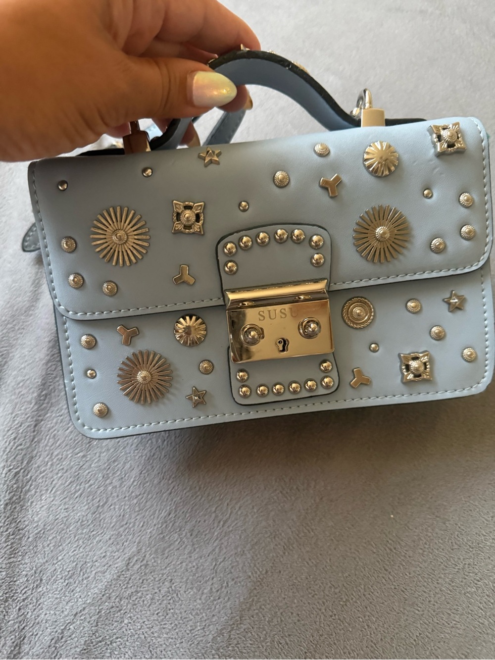 Light Blue Studded Mini Top-Handle Bag by